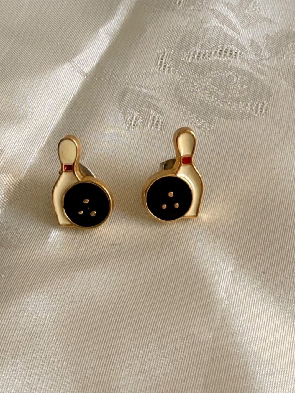 Bowling-Themed Gold-Tone & Black Pin & Ball Design Stud Earrings